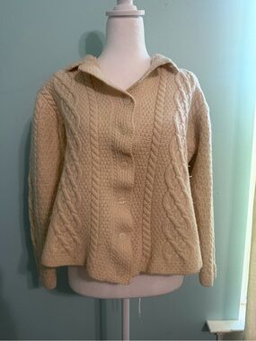 Paul James Vintage 100% Wool Cable Knit Cardigan Sweater Size M Cream England